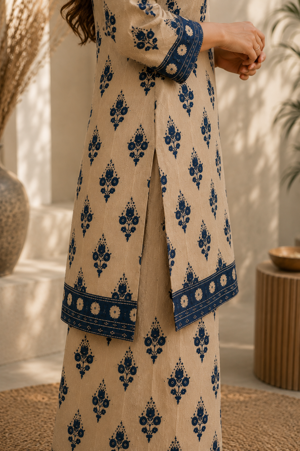 Saiyaraa Women's Beige & Navy Blue Printed Cotton Co-Ord Set | Straight Kurti with Palazzo | Soft Ethnic Lounge Wear