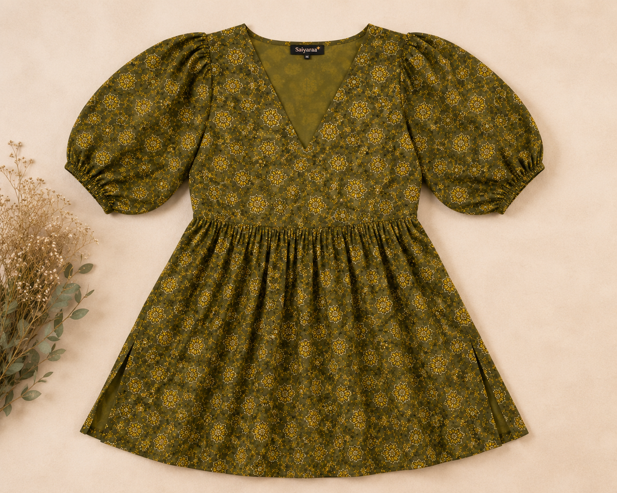 Saiyaraa Women's Olive Green Floral Printed Peplum Top | V-Neck Puff Sleeve Cotton Casual Top