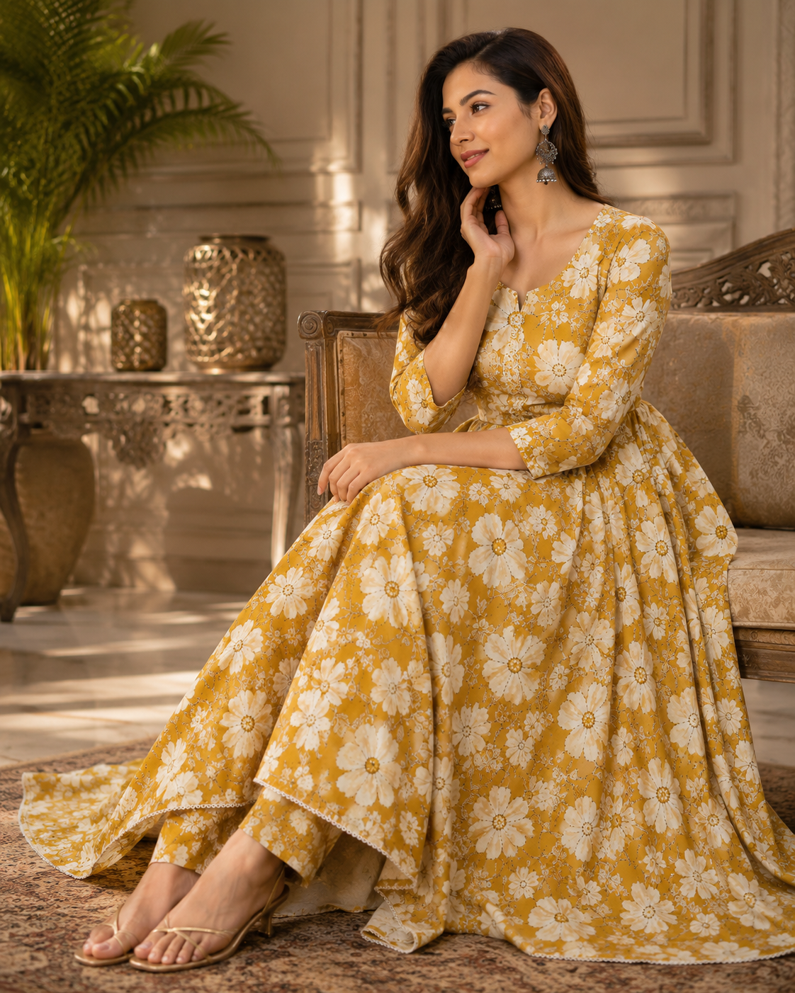 Saiyaraa Women's Mustard Floral Printed Cotton Kurti Palazzo Co-Ord Set | Designer Ethnic Wear for Women