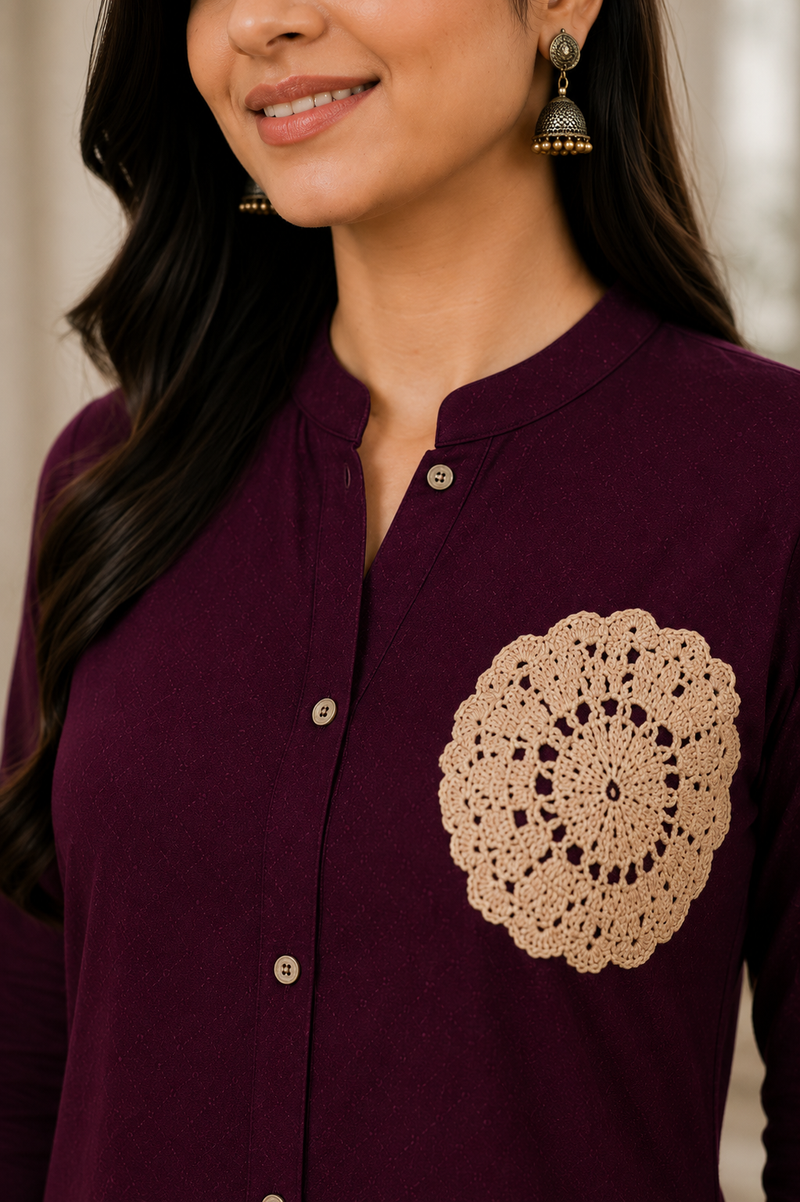 Women's Wine Straight Kurta Pant Set with Crochet Floral Patch | Premium Rayon Ethnic Co-Ord Set