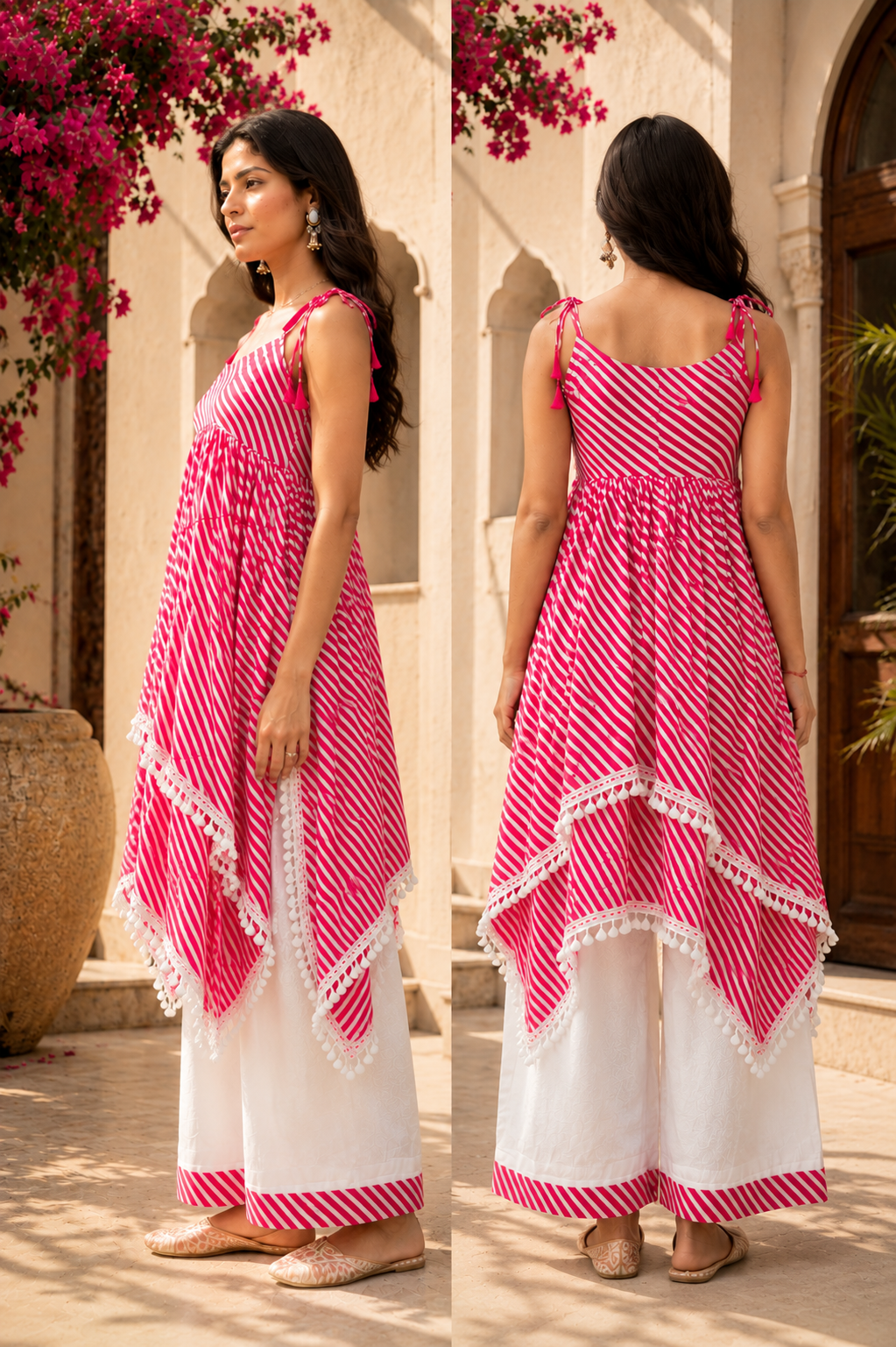 Pink Striped Cotton Kurta Palazzo Set for Women | Sleeveless Tassel Kurta with White Palazzo |