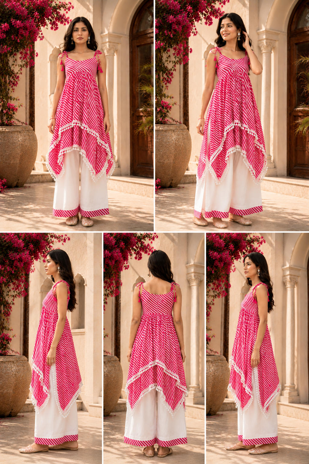 Pink Striped Cotton Kurta Palazzo Set for Women | Sleeveless Tassel Kurta with White Palazzo |