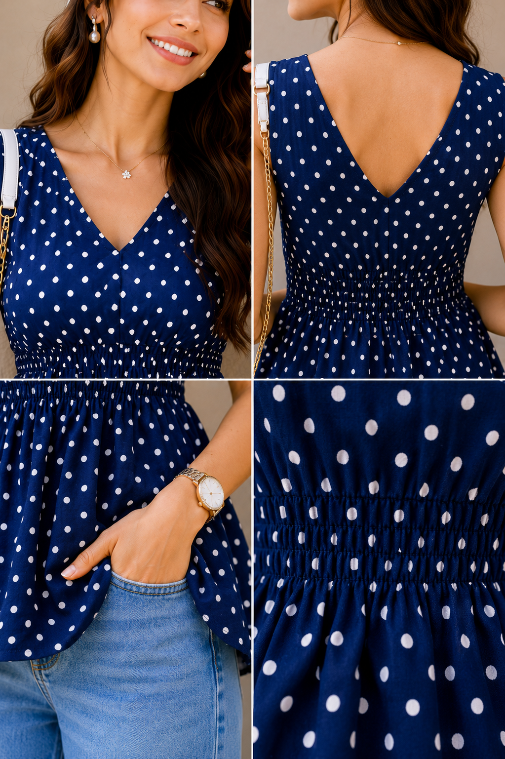Women's Navy Blue Polka Dot Sleeveless Peplum Top | Casual Summer V-Neck Tunic | Saiyaraa