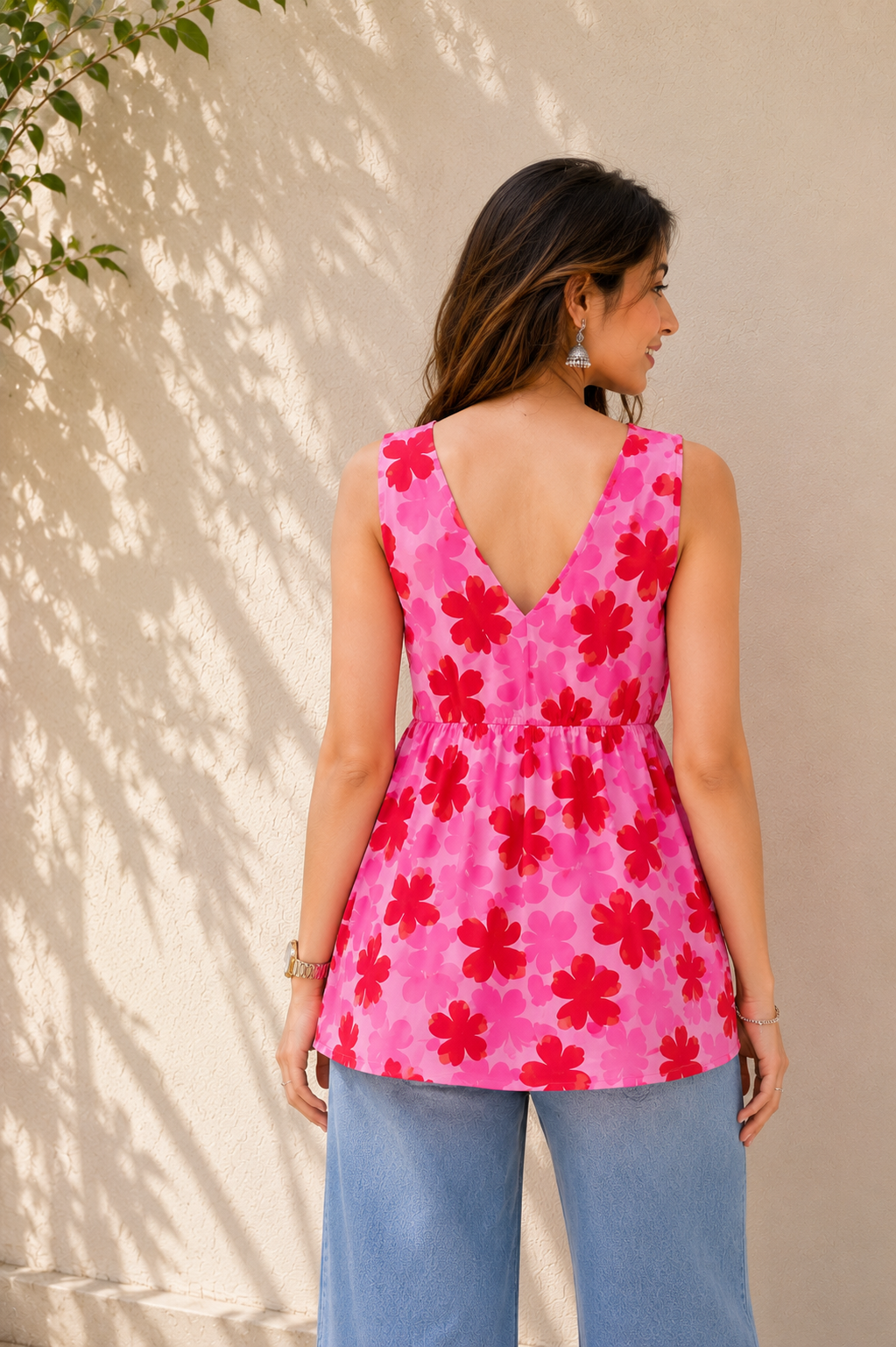 Women's Pink Floral Printed Sleeveless V-Neck Peplum Top | Casual Summer Top for Women | Soft Lightweight Everyday Wear