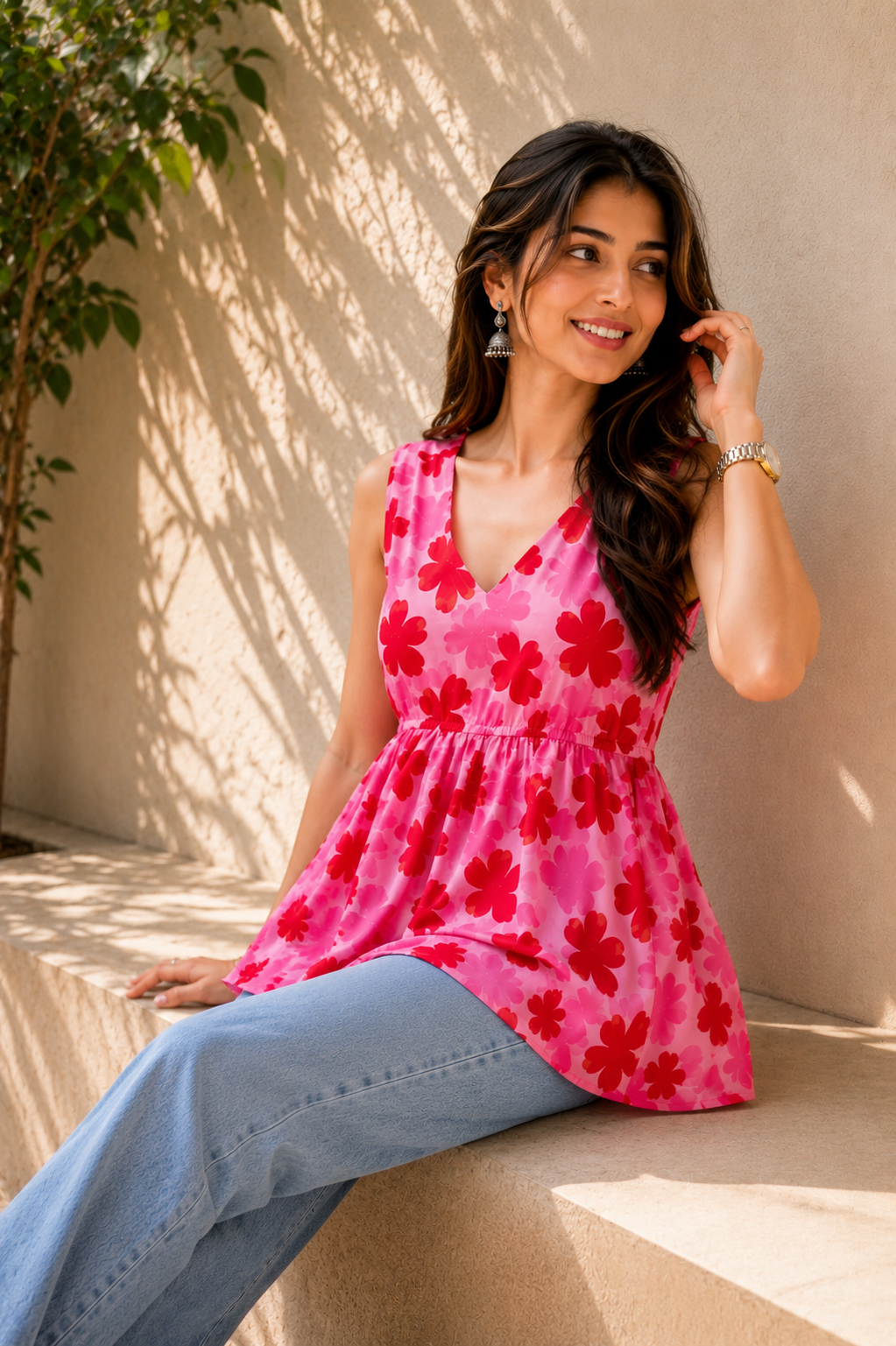Women's Pink Floral Printed Sleeveless V-Neck Peplum Top | Casual Summer Top for Women | Soft Lightweight Everyday Wear