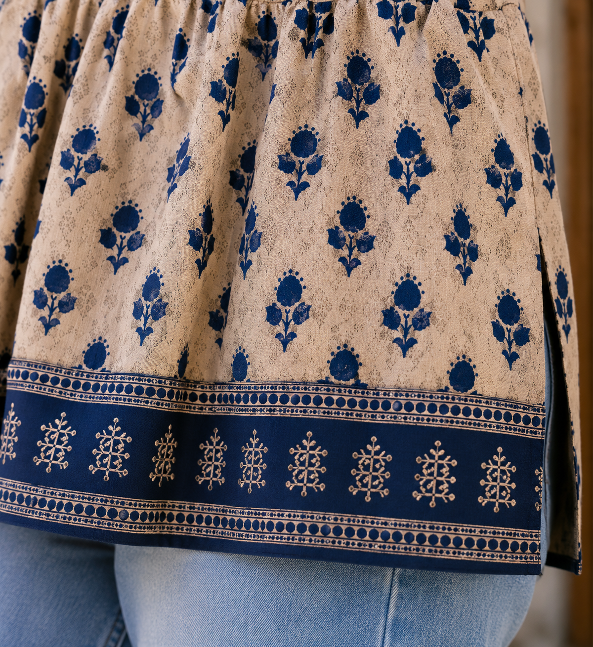 Women's Beige & Navy Printed Sleeveless Peplum Top | V-Neck Cotton Casual Top for Women | Summer Western Wear | Saiyaraa