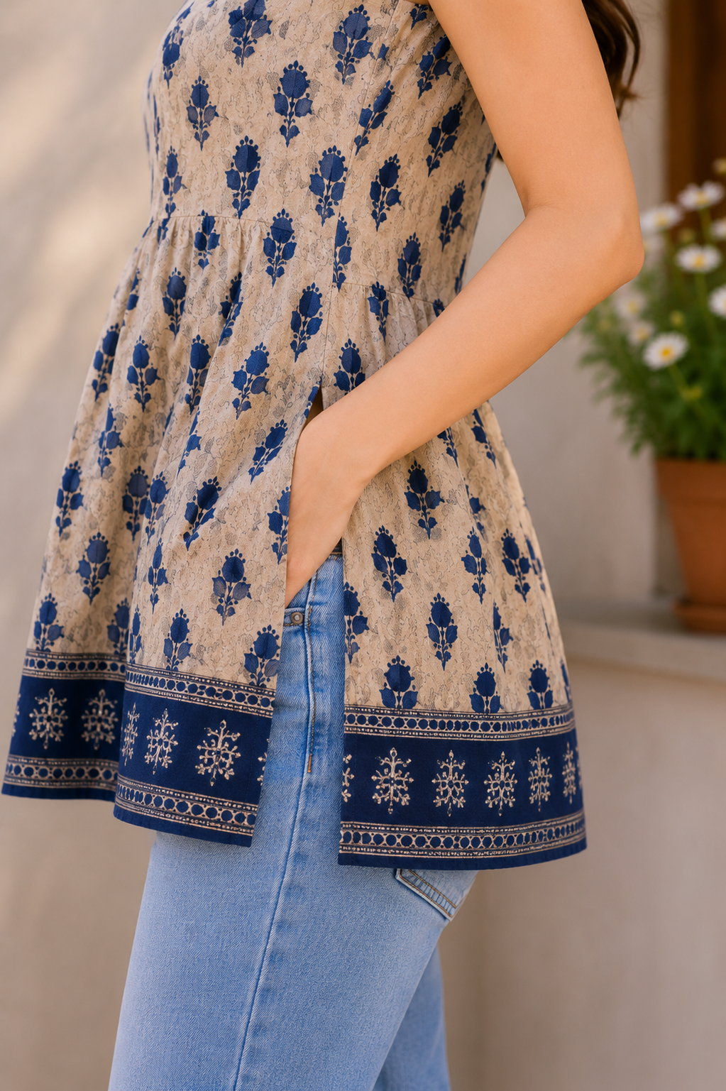 Women's Beige & Navy Printed Sleeveless Peplum Top | V-Neck Cotton Casual Top for Women | Summer Western Wear | Saiyaraa