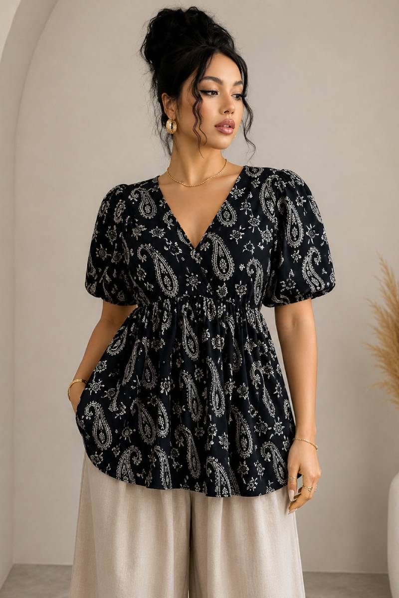 Women's Black Paisley Print Puff Sleeve Peplum Top | V-Neck Casual Babydoll Blouse